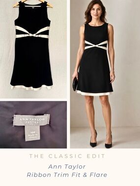Ann Taylor Black & Ecru Fit & Flare Dress | Satin Trim | Fully Lined